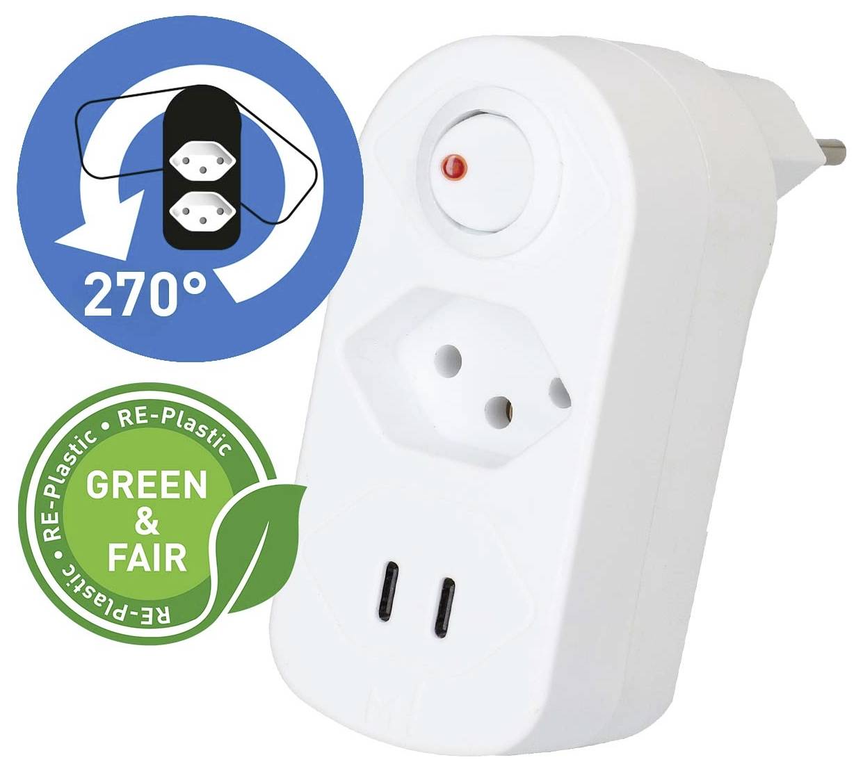 Adaptateur secteur blanc avec prise rotative 270° et badge en écoplastique vert « GREEN & FAIR ».