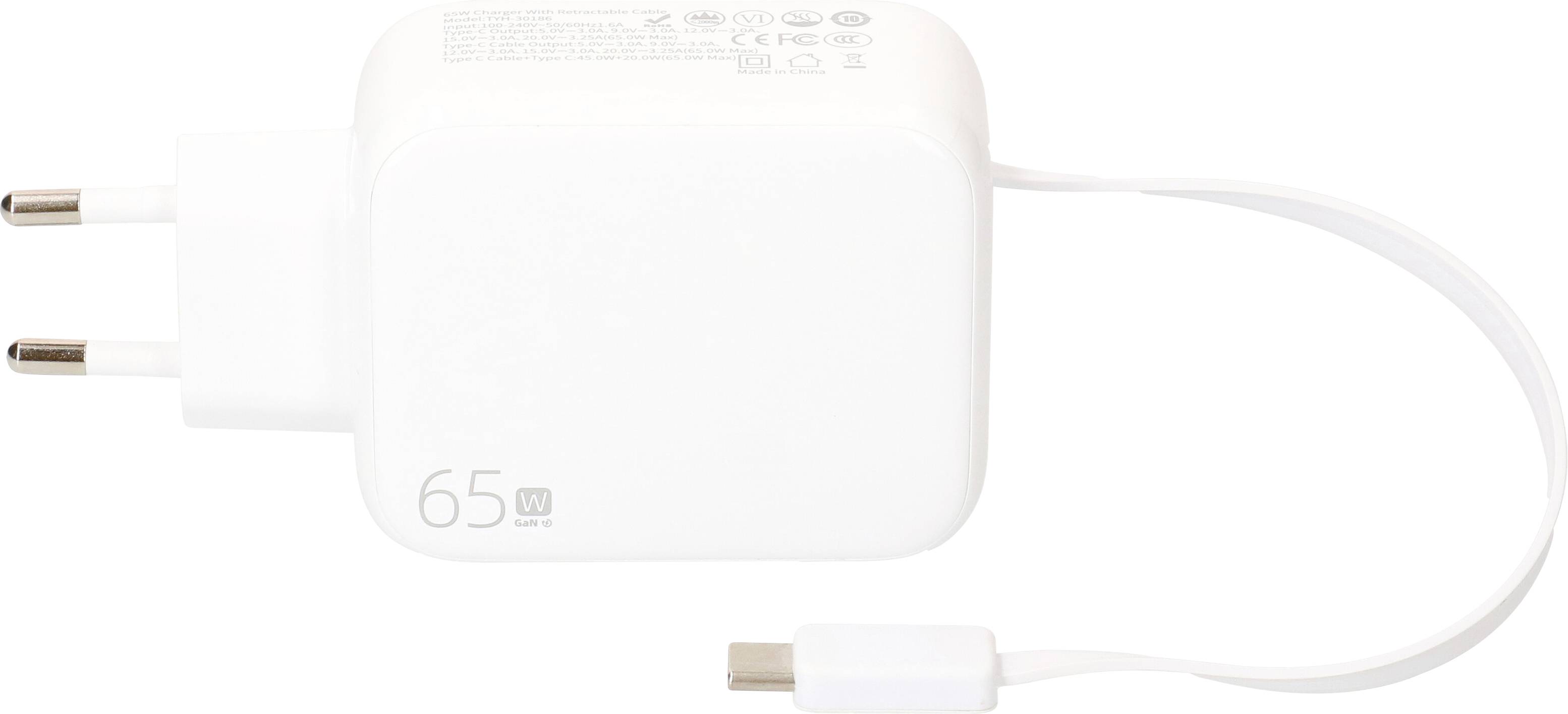 Chargeur mural blanc 65W avec prise à deux broches et câble attaché, présenté sur un fond blanc