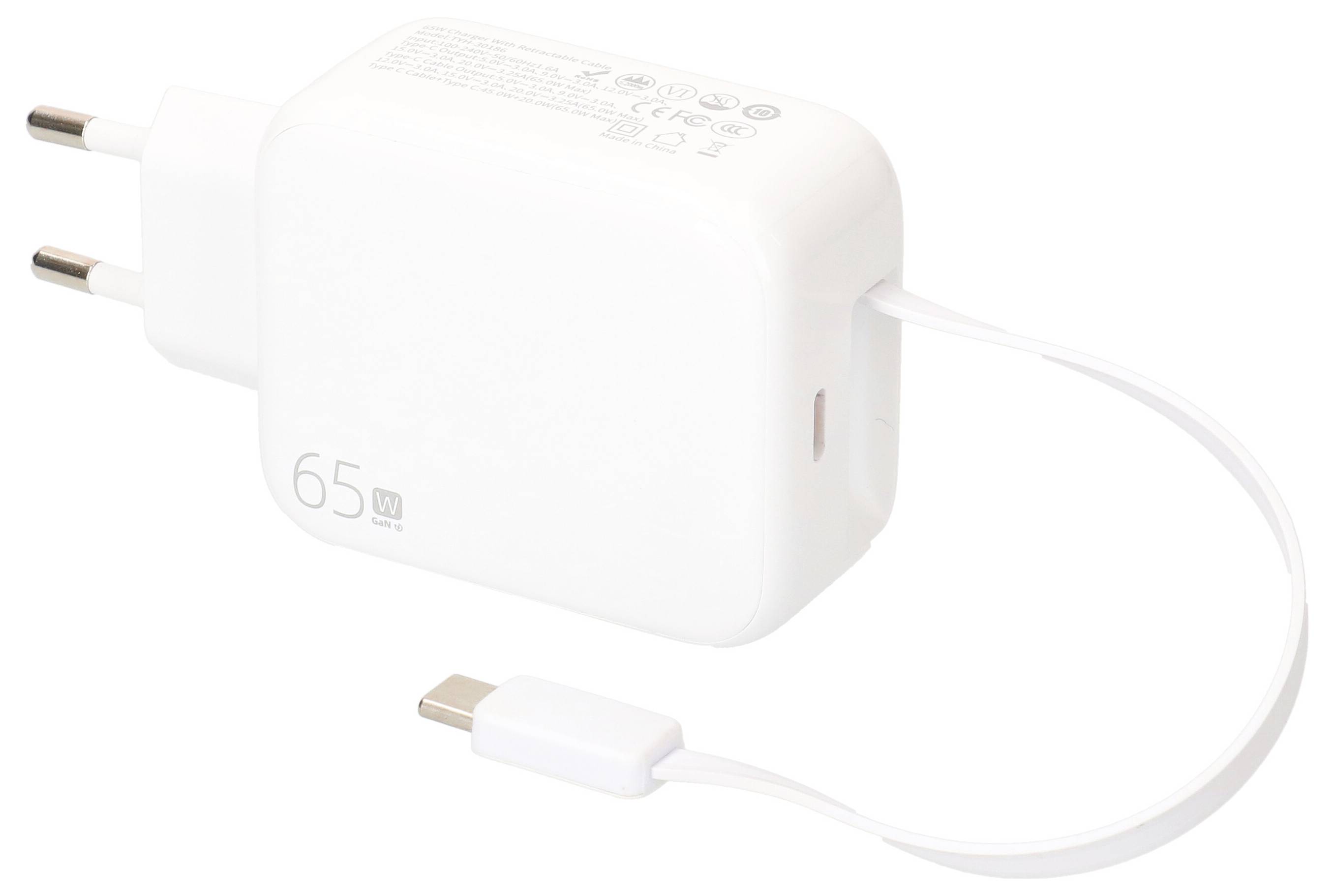 Chargeur mural USB-C 65W blanc avec câble intégré et adaptateur de prise compact