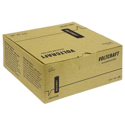 Boîte d'expédition en carton étiquetée 'VOLTCRAFT' et 'PILE ALCALINE', marquée 15 V AA LR6, présentée fermée sur un fond blanc.