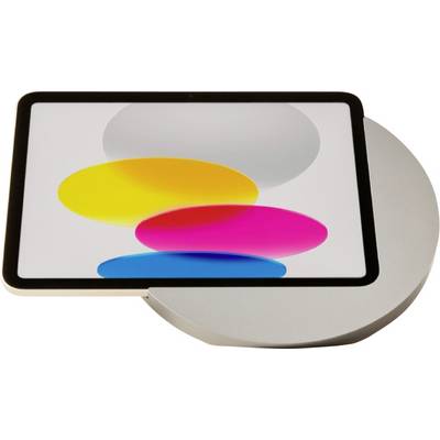 Écran de tablette avec des ovales jaunes, roses et bleus qui se chevauchent sur un fond circulaire gris, ressemblant à un logo abstrait coloré.
