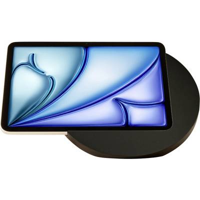 Un smartphone avec un écran abstrait bleu repose partiellement sur un objet circulaire noir sur un fond blanc.
