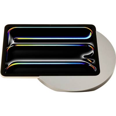 Objet rectangulaire noir brillant avec trois fentes ou cannelures horizontales, reposant sur une base circulaire beige.