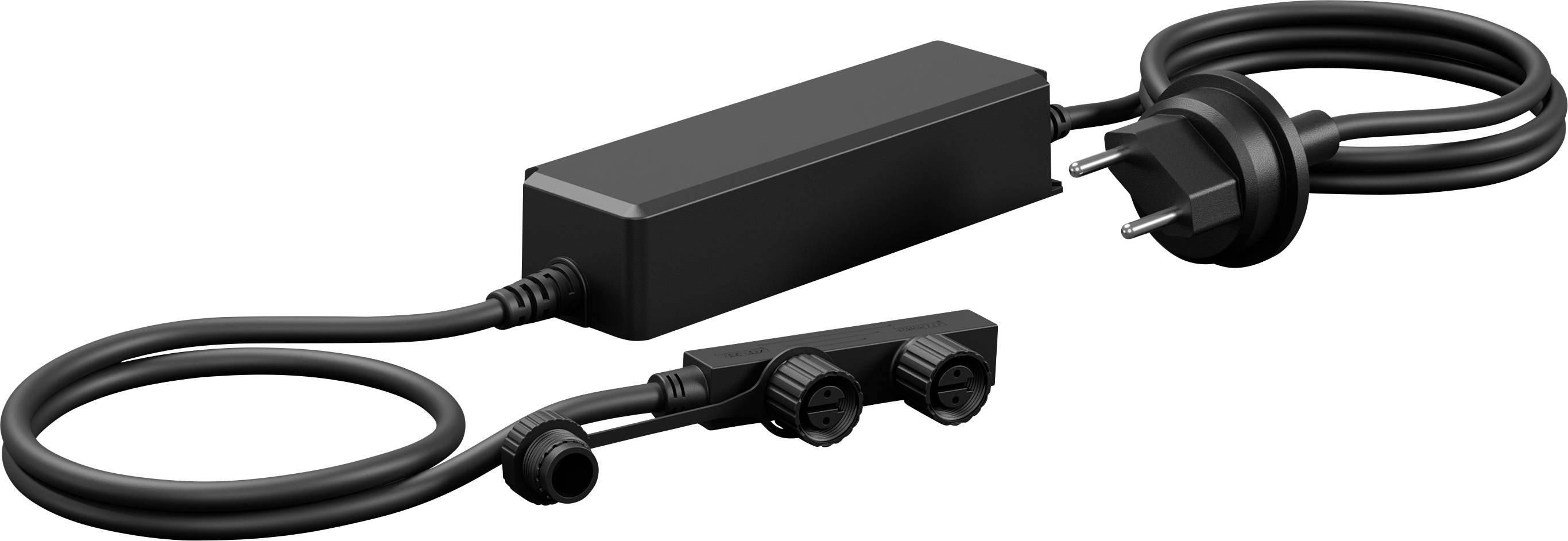 Adaptateur secteur noir avec câble attaché et deux connecteurs ronds, présenté sur un fond blanc.