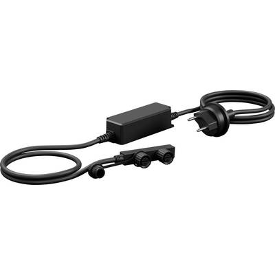 Adaptateur d'alimentation noir avec cordon secteur enroulé et câble de sortie basse tension se terminant par deux connecteurs ronds et une prise obturée.