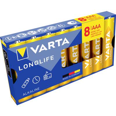 Pack de piles alcalines VARTA Longlife contenant 8 piles AAA, emballage bleu et jaune étiqueté « Fabriqué en Allemagne ».