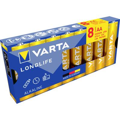 Lot de piles alcalines VARTA Longlife AA, 8 piles, 1,5V, fabriqué en Allemagne.