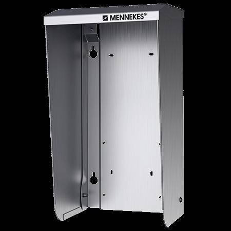 Armoire de boîtier électrique MENNEKES en acier inoxydable avec porte avant ouverte, présentée isolée sur un fond noir.