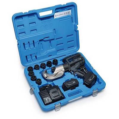 Coffret rigide bleu contenant un outil de sertissage hydraulique sans fil, des batteries, un chargeur et un jeu de matrices, disposés dans des compartiments moulés.