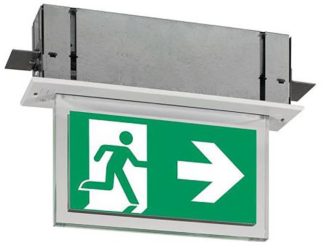 Panneau de sortie de secours illuminé avec silhouette de personne qui court et flèche pointant vers la droite, monté au plafond.