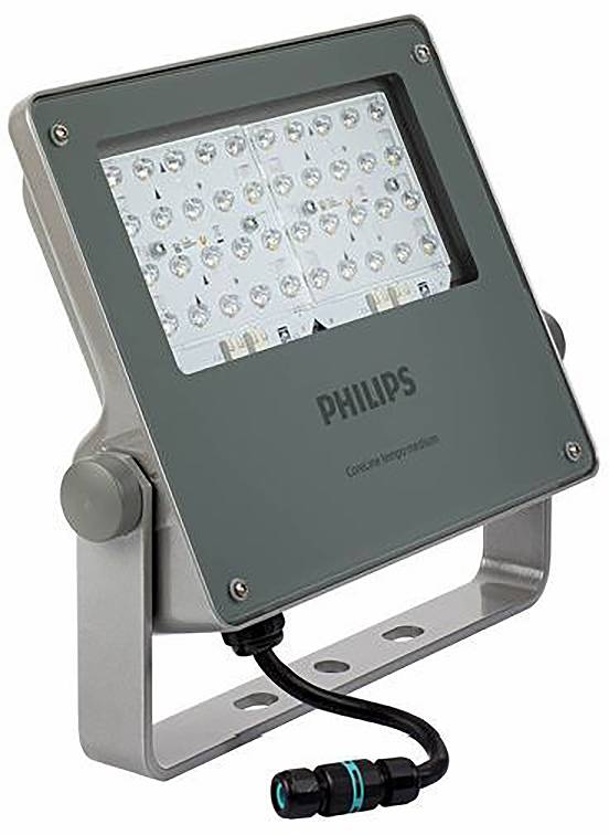 Projecteur LED Philips avec support de montage et câble d'alimentation attaché, présenté sur un fond blanc.