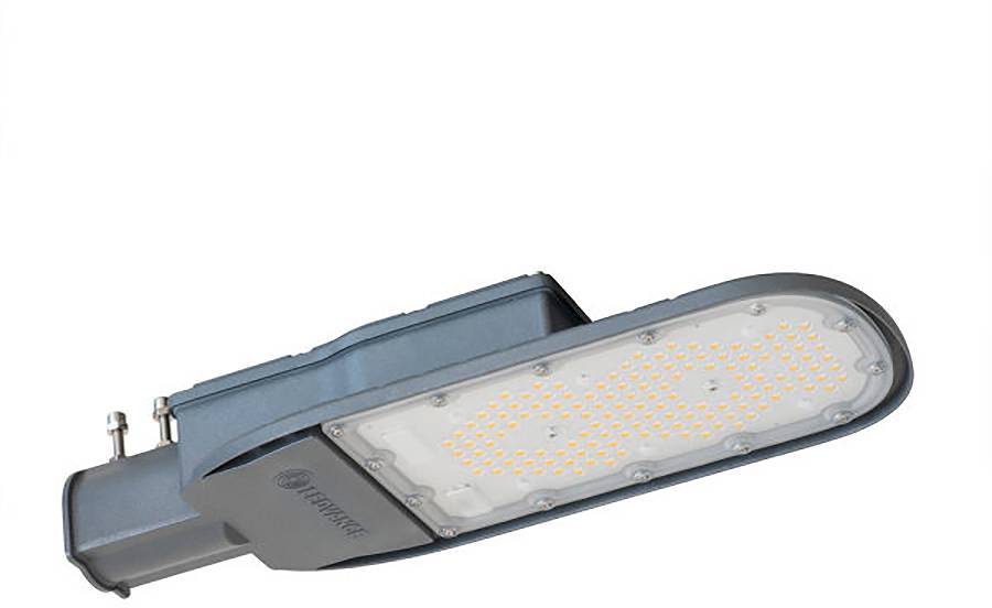 Luminaire de rue LED bleu-gris présenté sur fond blanc, incliné pour afficher le dessous et le panneau lumineux.