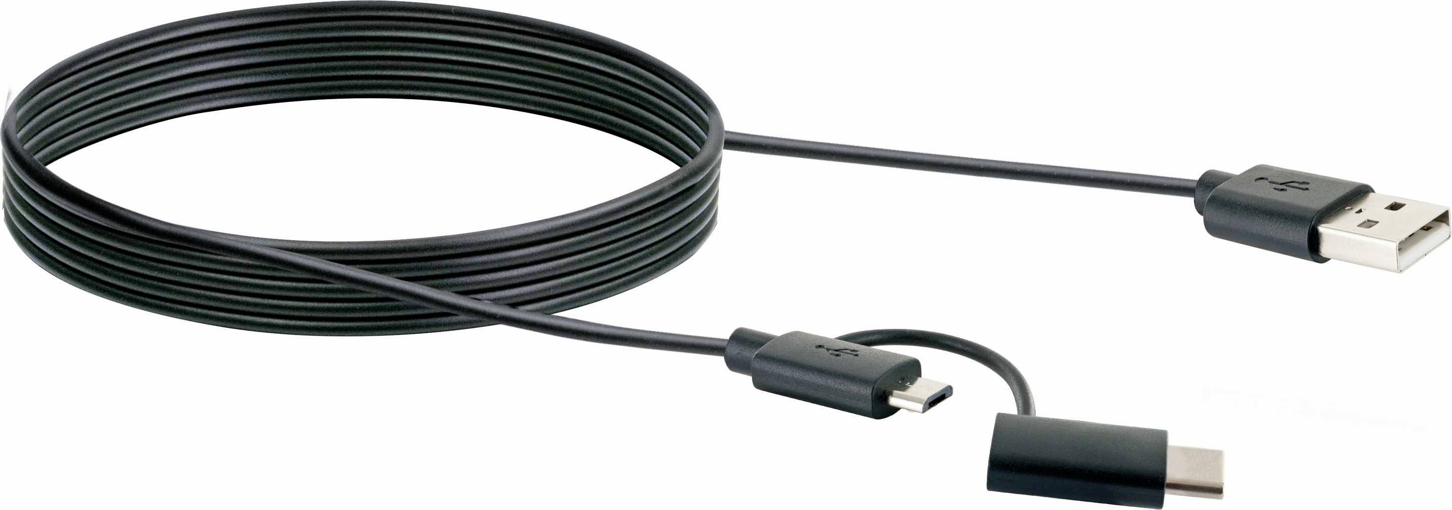 Câble USB-C enroulé avec un connecteur USB-A à une extrémité et un connecteur USB-C à l'autre extrémité, présenté sur un fond blanc.