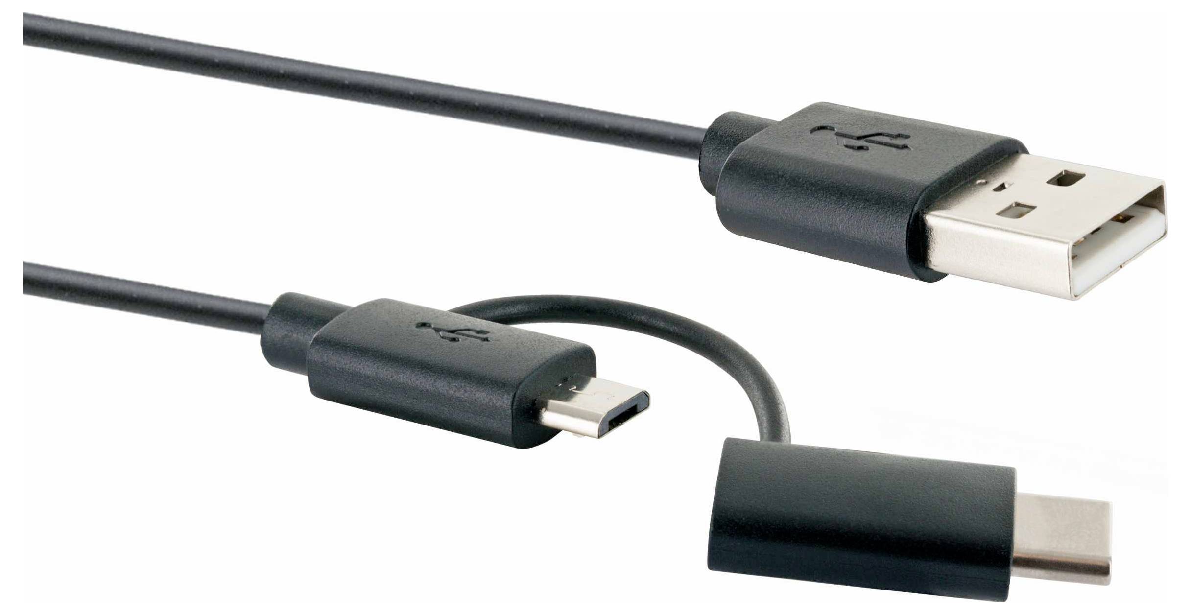 Trois câbles de charge/données USB avec des connecteurs différents : USB-A vers USB-C, USB-A vers micro-USB, et extrémité de câble USB-C.