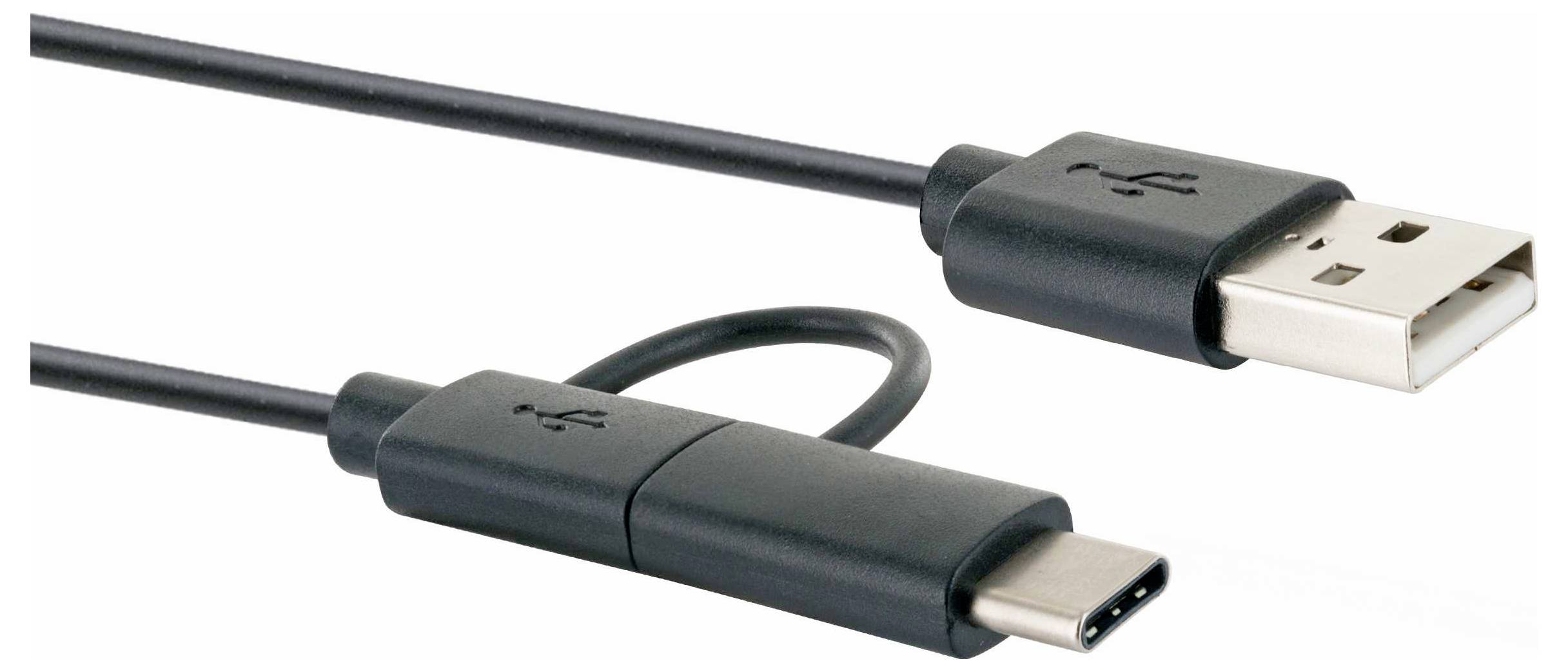 Câble USB avec une prise USB-A standard à une extrémité et un connecteur USB-C à l'autre extrémité.