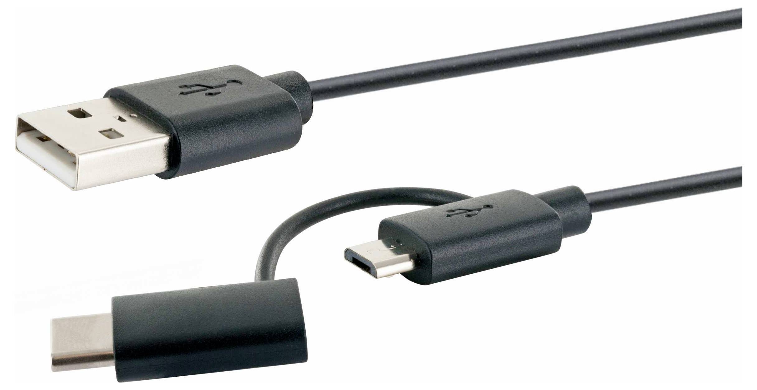Câble USB avec connecteurs interchangeables, montrant une prise USB-A standard, une prise USB-C et un adaptateur à embout magnétique.