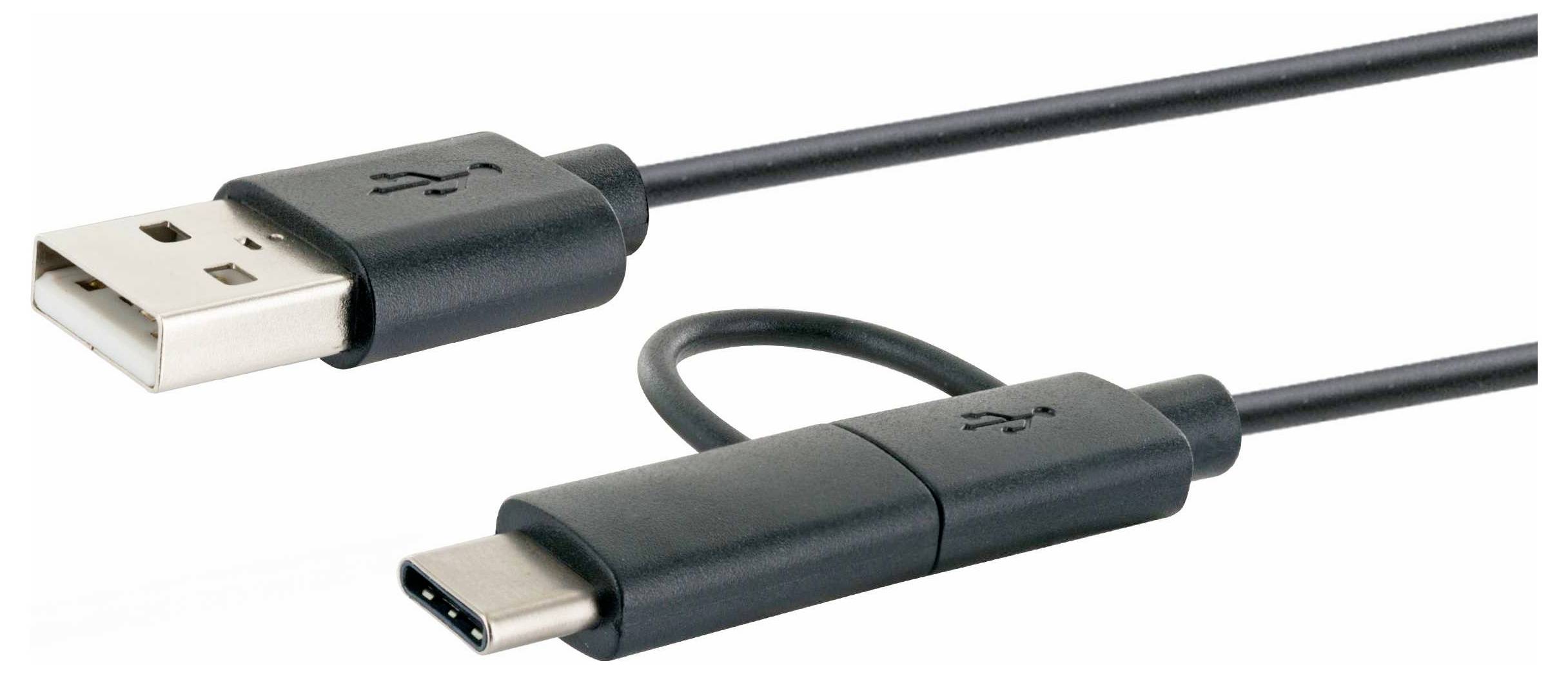 Gros plan de câbles USB avec connecteurs USB-A et USB-C sur un fond blanc.