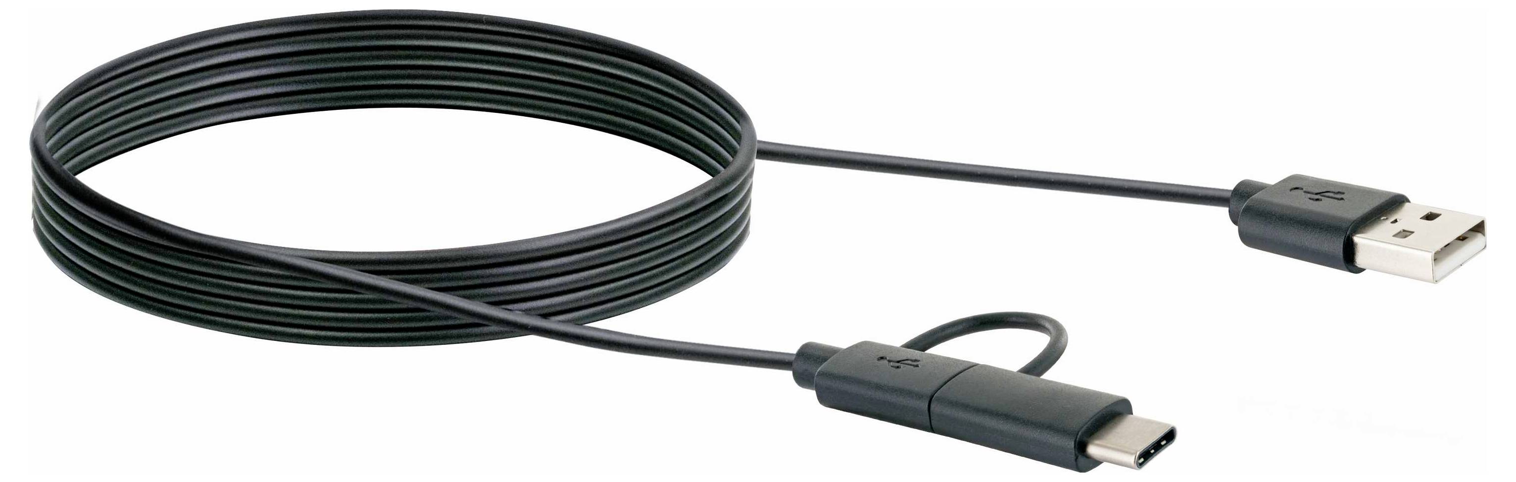 Câble de charge USB-C vers USB-A enroulé sur fond blanc, montrant la fiche USB-A standard et le connecteur USB-C.