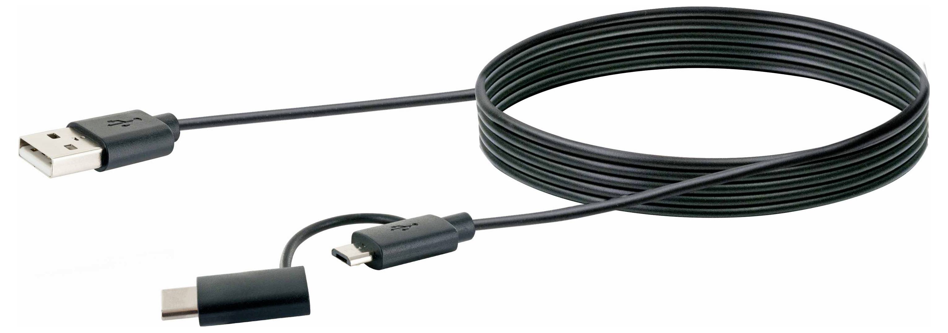 Un câble USB noir enroulé en boucle, avec un connecteur USB-A à une extrémité et un connecteur USB-C à l'autre extrémité.