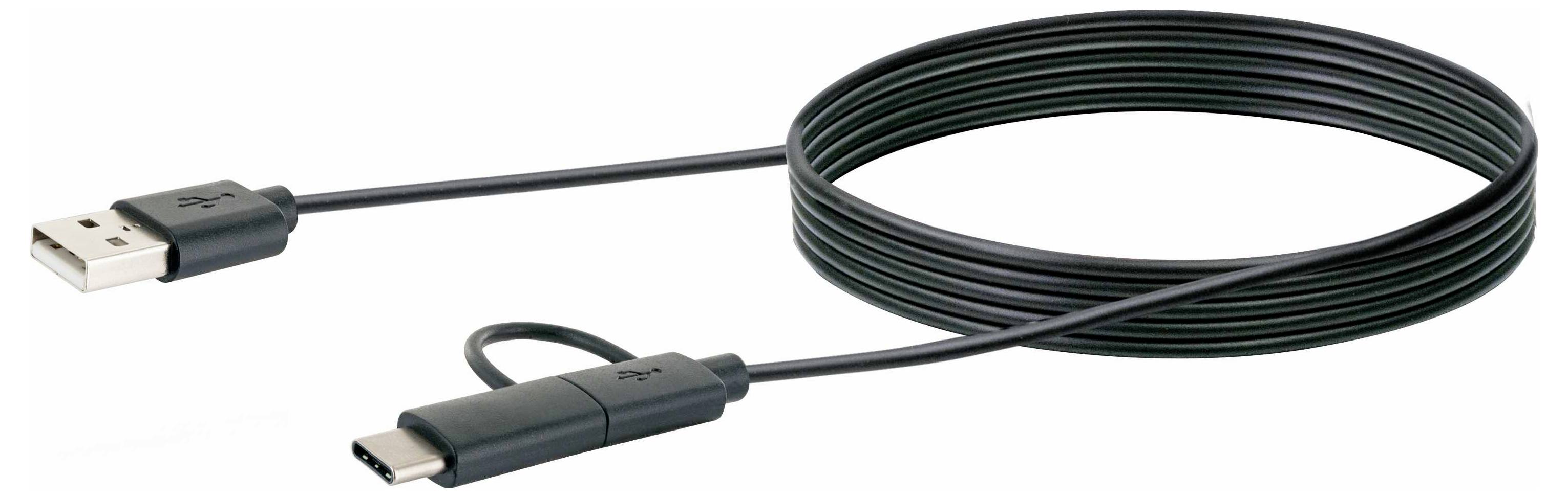 Câble USB noir enroulé en boucle, avec des connecteurs USB-A et USB-C à chaque extrémité.