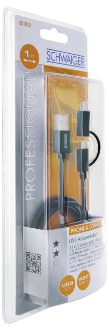 Emballage pour câble adaptateur USB professionnel SCHWAIGER, affichant un câble USB-A vers USB-C pour l'utilisation avec téléphone et ordinateur.