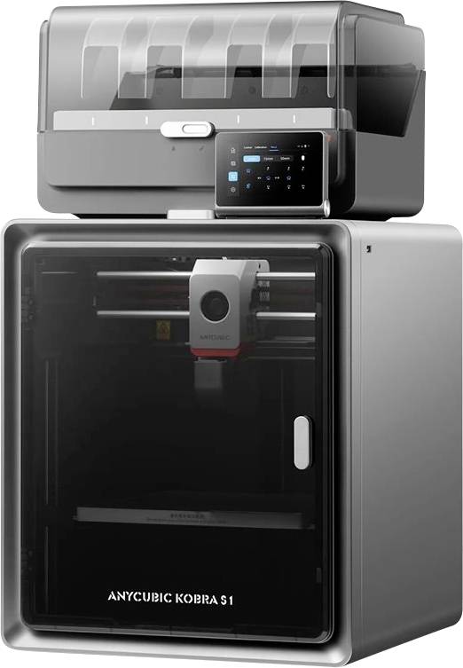 Imprimante 3D avec chambre de construction fermée et panneau de commande tactile, étiquetée « ANYCUBIC KOBRA S1 ».