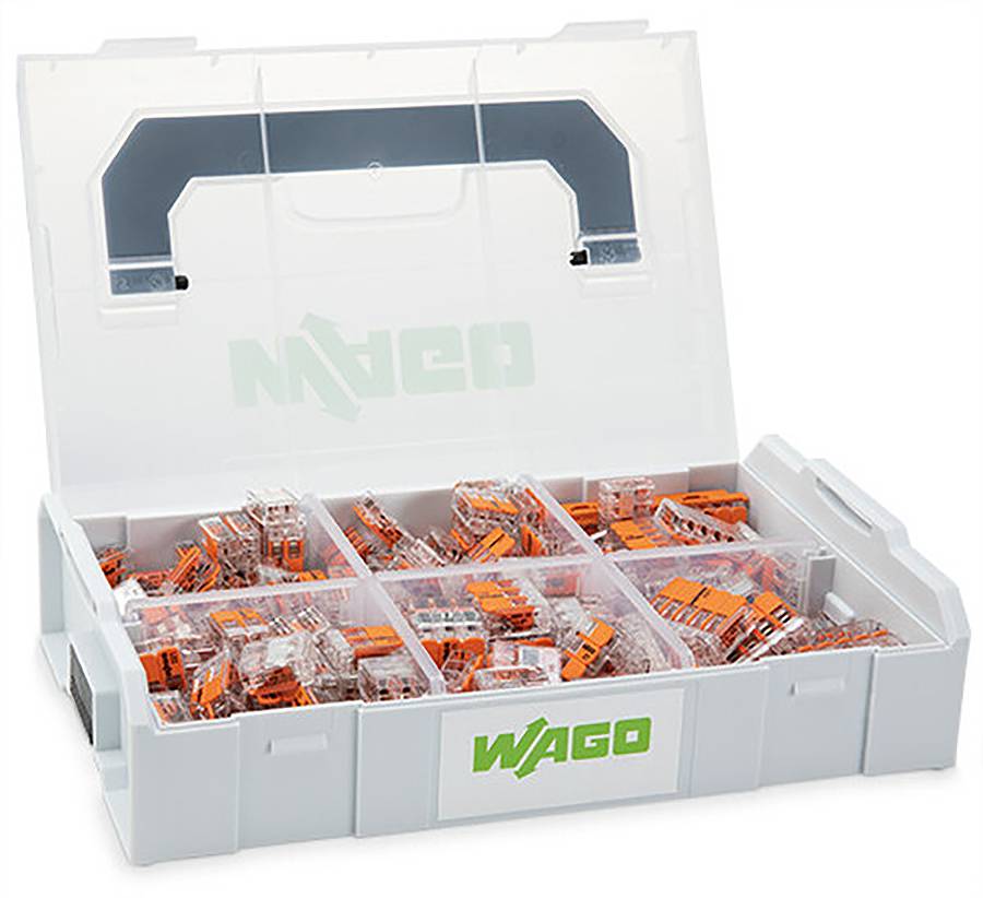 Ouvrir le boîtier de pièces WAGO avec plusieurs compartiments remplis de connecteurs de fil orange.