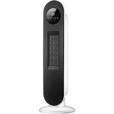Radiateur soufflant de forme tour noire sur une base blanche, affichant un écran numérique réglé à 20 avec des commandes tactiles sur le devant.