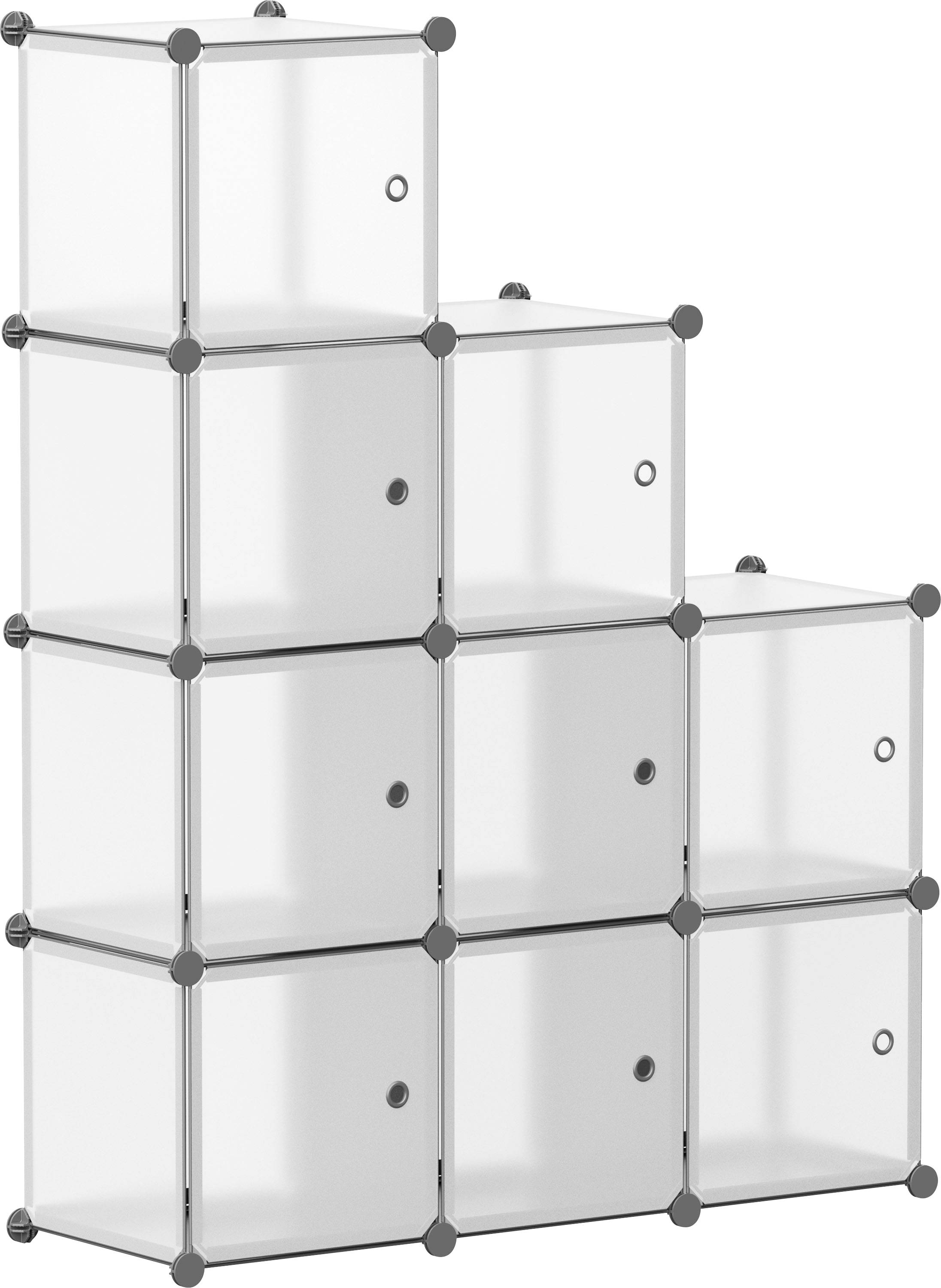 Unité de rangement en cubes modulaires transparents arrangée en pyramide à 4 niveaux en gradins sur un fond blanc.