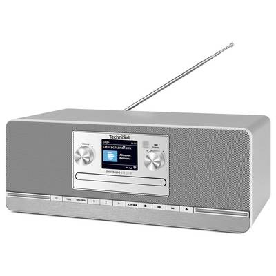 Radio de table TechniSat Silver avec antenne allongée, grille de haut-parleur frontale, écran LCD et boutons de contrôle.