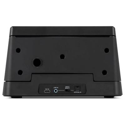 Vue arrière d'un appareil électronique noir montrant les ports et les commandes : entrée CC, entrée ligne, sélection d'entrée et entrée optique.