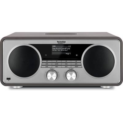 Vue de face d'une radio Technisat DAB+ argentée avec deux grands haut-parleurs, un écran central affichant « Deutschlandfunk », et deux boutons de commande.