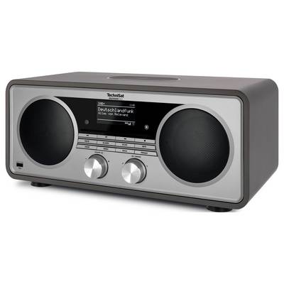 Radio de table Technisat argentée avec deux grands haut-parleurs, un écran central affichant « Deutschlandfunk » et deux boutons de contrôle.