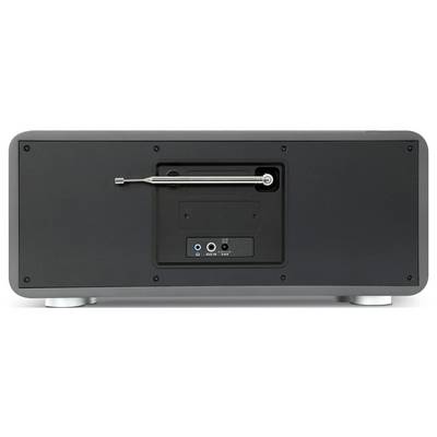 Vue arrière d'un dispositif audio noir montrant un panneau de commande central encastré avec des ports et un levier horizontal, probablement un haut-parleur ou un amplificateur.