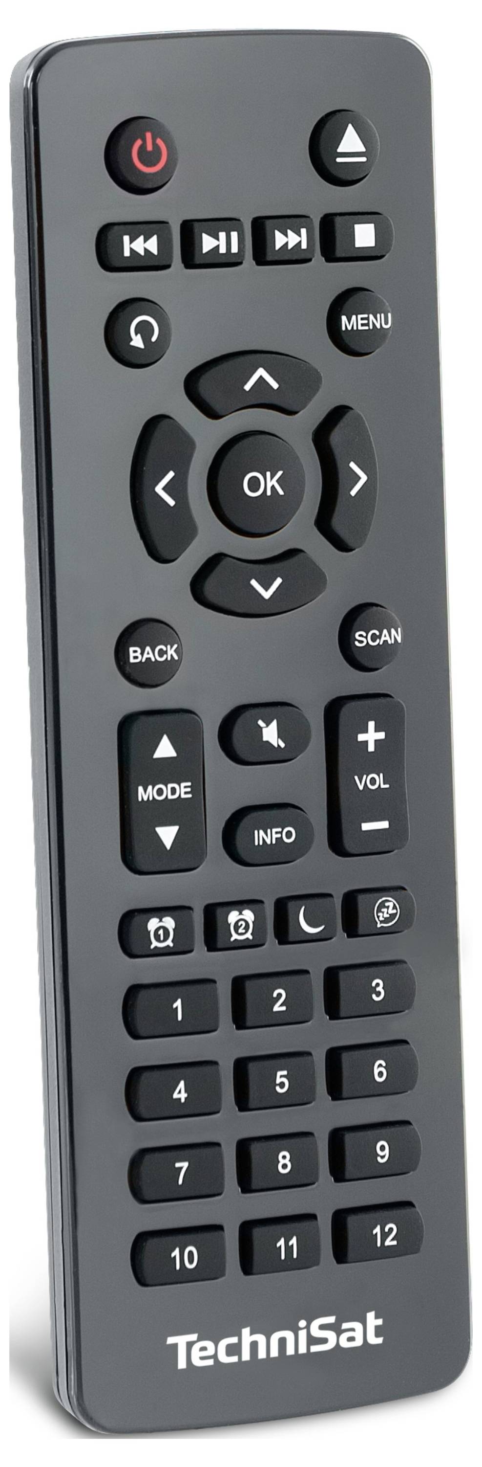 Télécommande TechniSat pour la télévision avec bouton d'alimentation rouge, pavé directionnel, OK, menu, commandes de chaîne et de volume, pavé numérique, et boutons scan/retour.