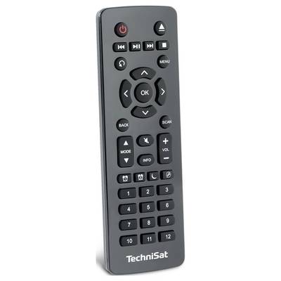 Télécommande TechniSat pour la télévision avec bouton d'alimentation rouge, pavé directionnel, OK, menu, commandes de chaîne et de volume, pavé numérique, et boutons scan/retour.