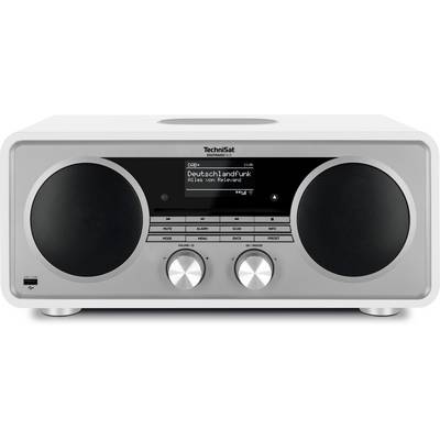 Radio numérique DAB+ TechniSat Silver avec deux grands haut-parleurs noirs, petit écran central affichant les informations de la station, et deux boutons de commande argentés.