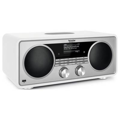 Radio de table Technisat argentée avec deux grands haut-parleurs, écran numérique central et deux boutons de commande.