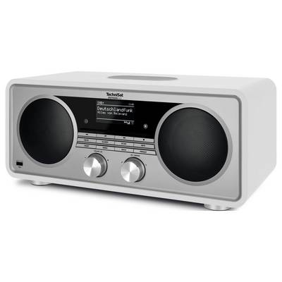Radio de table Technisat argentée avec deux grands haut-parleurs, affichage central affichant "Deutschlandfunk", et deux boutons de commande sur un fond blanc.