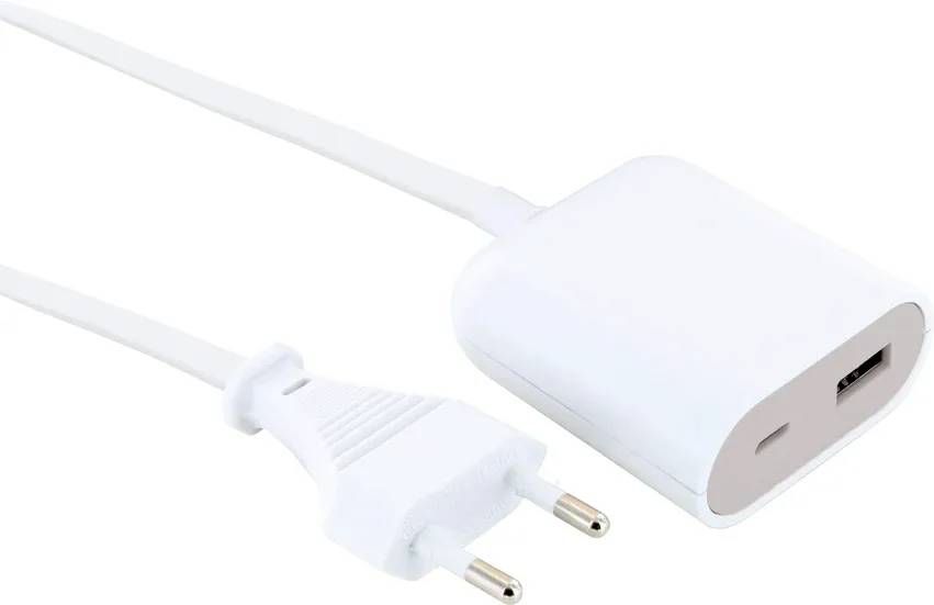 Adaptateur secteur AC blanc avec cordon attaché et prise européenne à deux broches, présenté sur un fond blanc avec un port USB sur le côté.