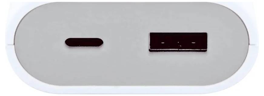 Appareil blanc de forme ovale avec deux petites fenêtres d'indicateur sombre, une petite fente horizontale sur la gauche et un écran rectangulaire sur la droite.