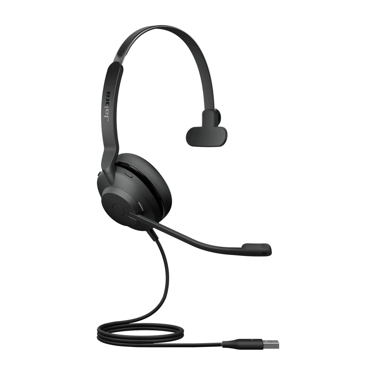 Casque filaire monoauriculaire noir avec microphone perche et câble USB, présenté sur fond blanc.