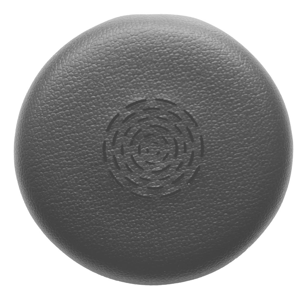 Sphère grise de texture semblable au cuir avec un logo en relief circulaire au centre sur un fond blanc.