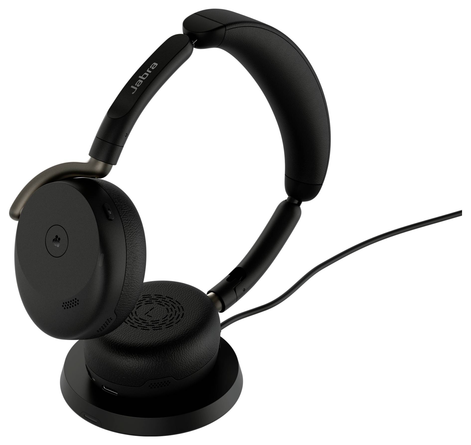 Casque Jabra supra-auriculaire noir reposant sur un support de recharge avec câble attaché.
