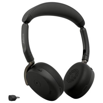 Casque audio sans fil supra-auriculaire Jabra noir présenté avec un connecteur de charge USB sur un fond blanc.