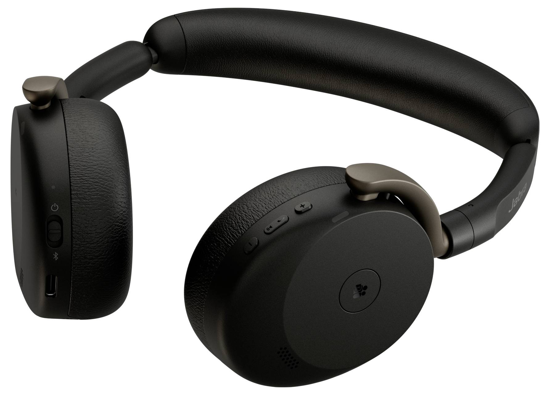 Casque audio sans fil supra-auriculaire noir avec arceau rembourré, commandes visibles sur les écouteurs, présenté sur un fond blanc.