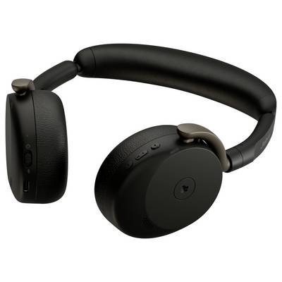 Casque audio sans fil supra-auriculaire noir avec arceau rembourré, commandes visibles sur les écouteurs, présenté sur un fond blanc.