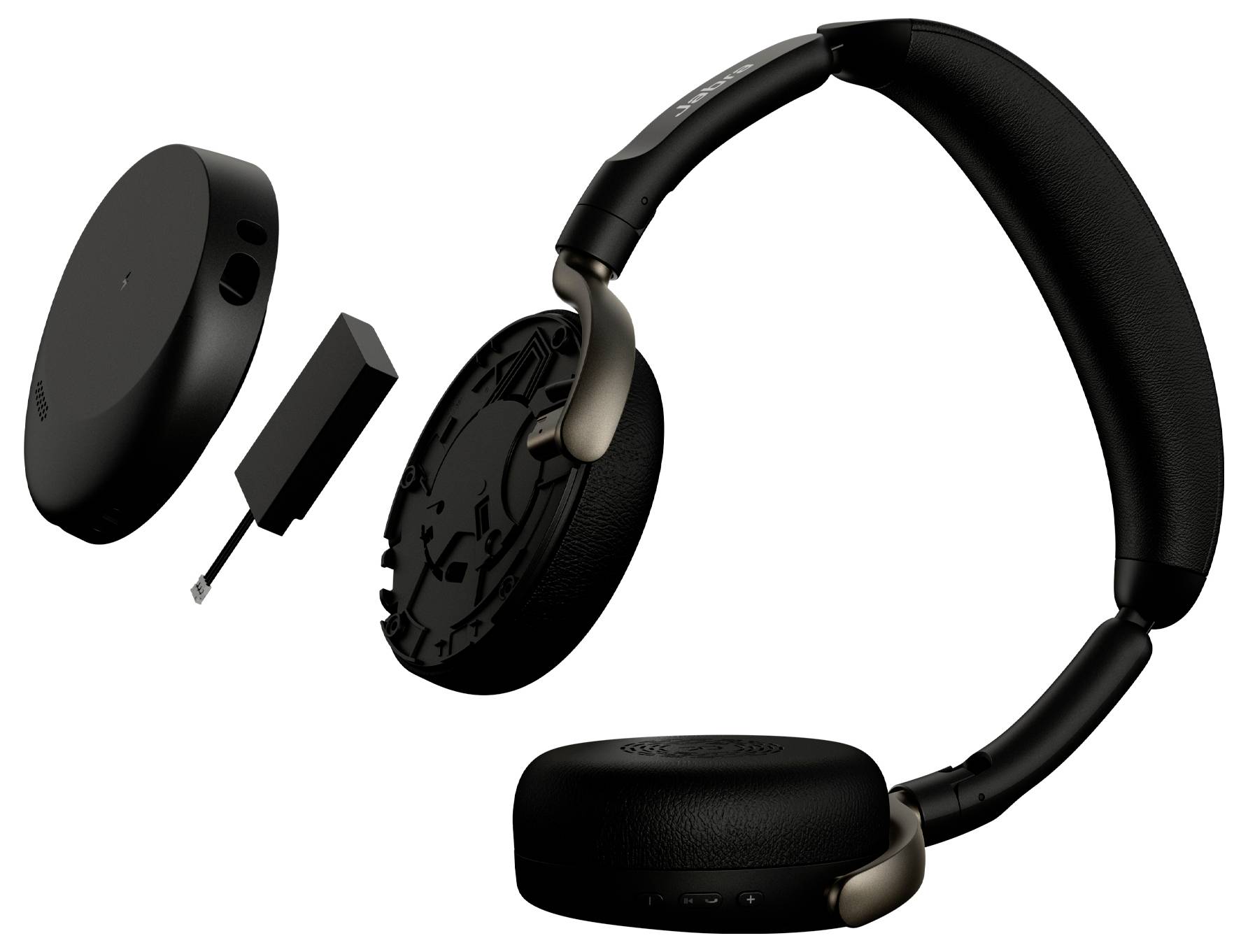 Vue éclatée d'un ensemble de casques audio supra-auriculaires noirs, montrant les écouteurs, le serre-tête et les composants internes séparés sur un fond blanc.