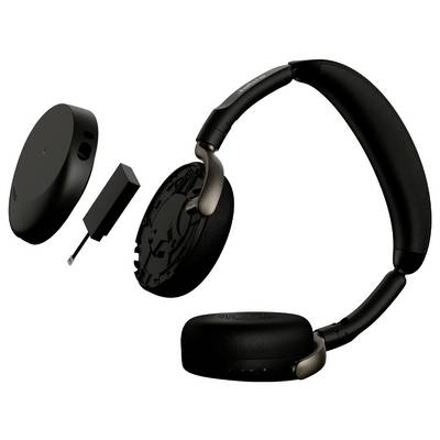 Vue éclatée d'un ensemble de casques audio supra-auriculaires noirs, montrant les écouteurs, le serre-tête et les composants internes séparés sur un fond blanc.