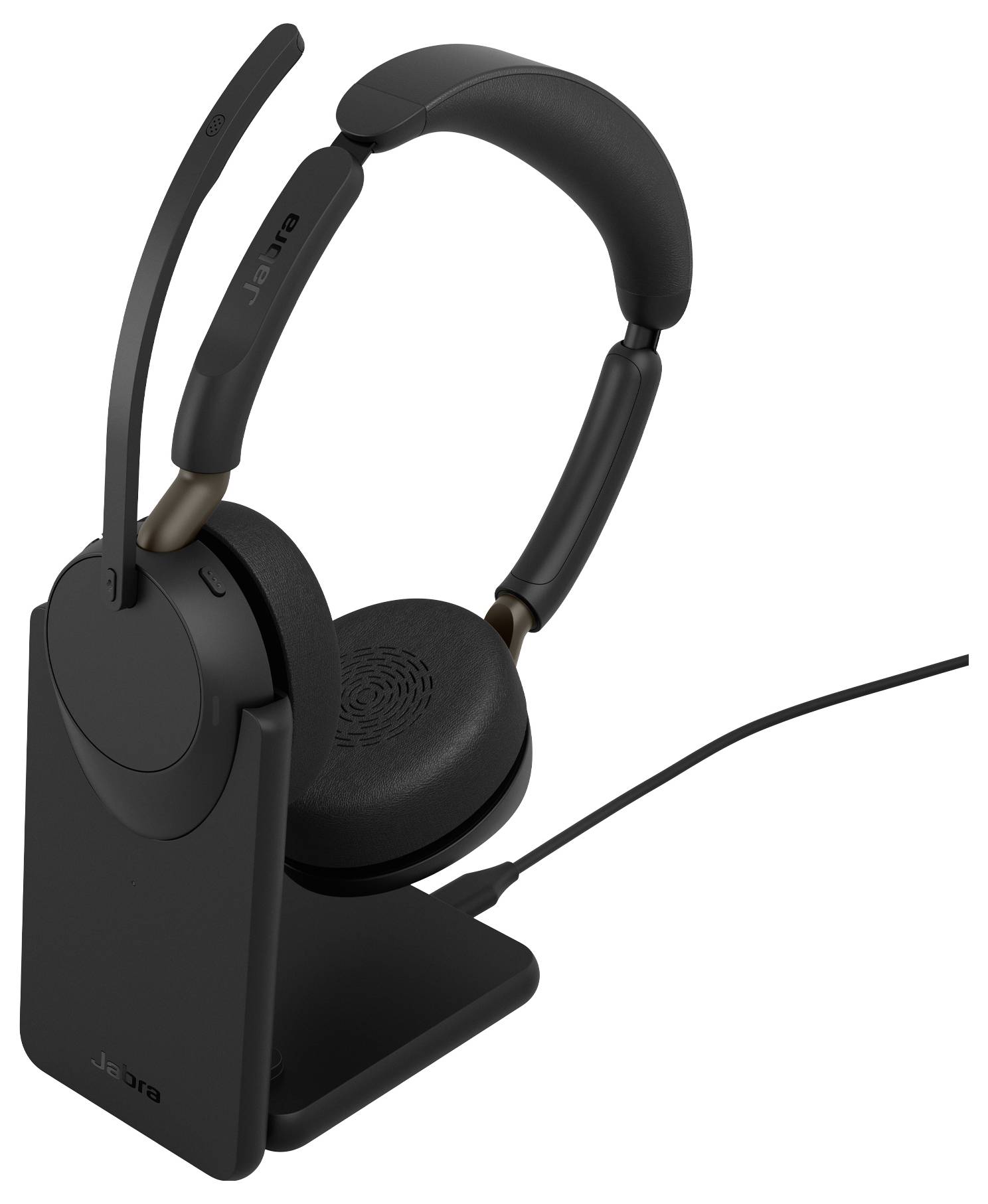 Casque supra-auriculaire Jabra noir sur un socle de recharge avec câble attaché, présenté sur fond blanc.